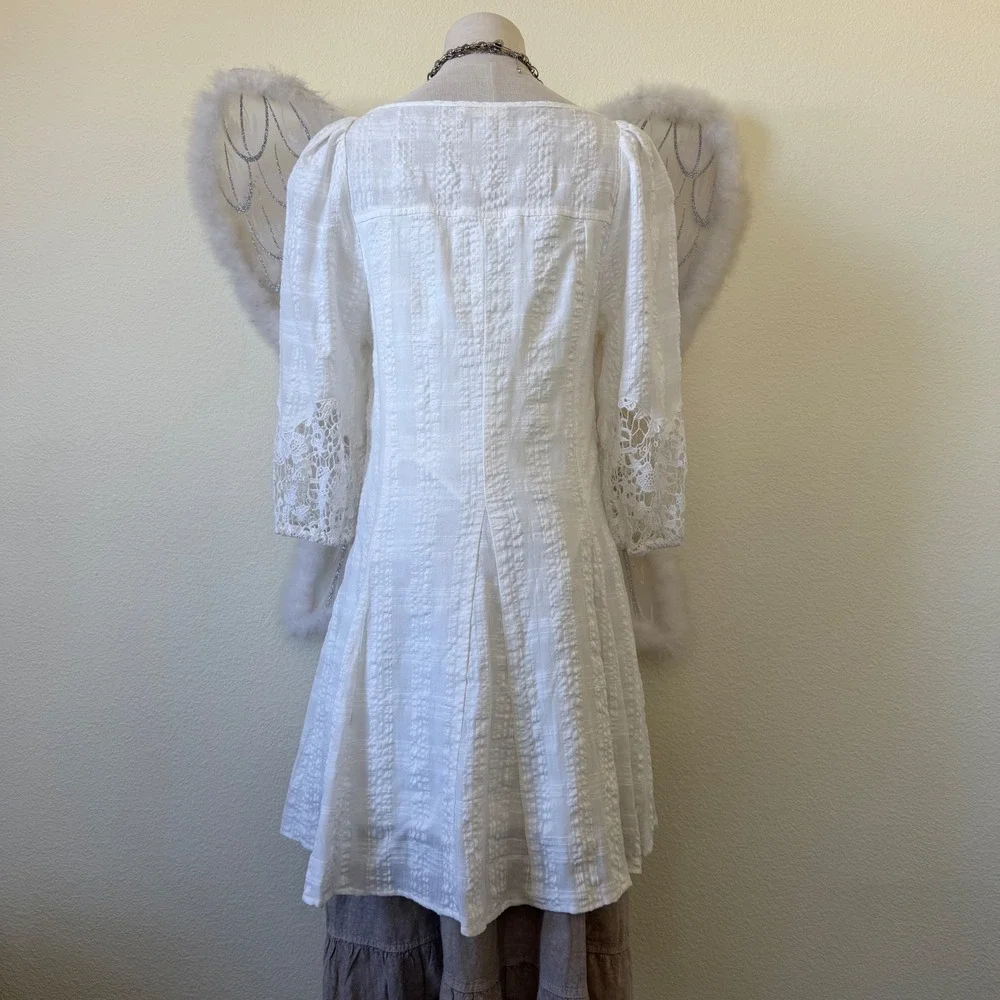 White Gauze Lace Dress Boho Peasant Square Neck Feminine Mori Girl Cottagecore‎